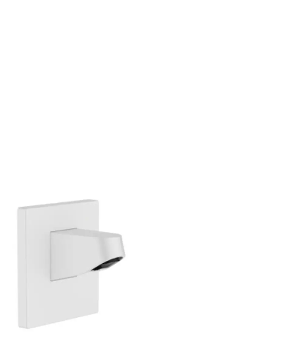 Wandanschluss in mattweiß für eine Kopfbrause von Hansgrohe, einfaches Design, montiert auf quadratischer Grundplatte.